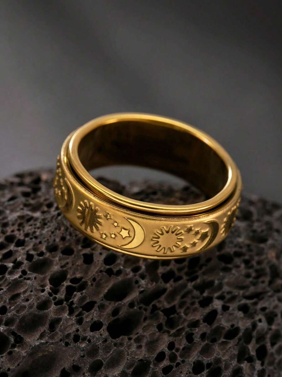Gold Plated Ring - Men's Star And Moon Ring, Stainless